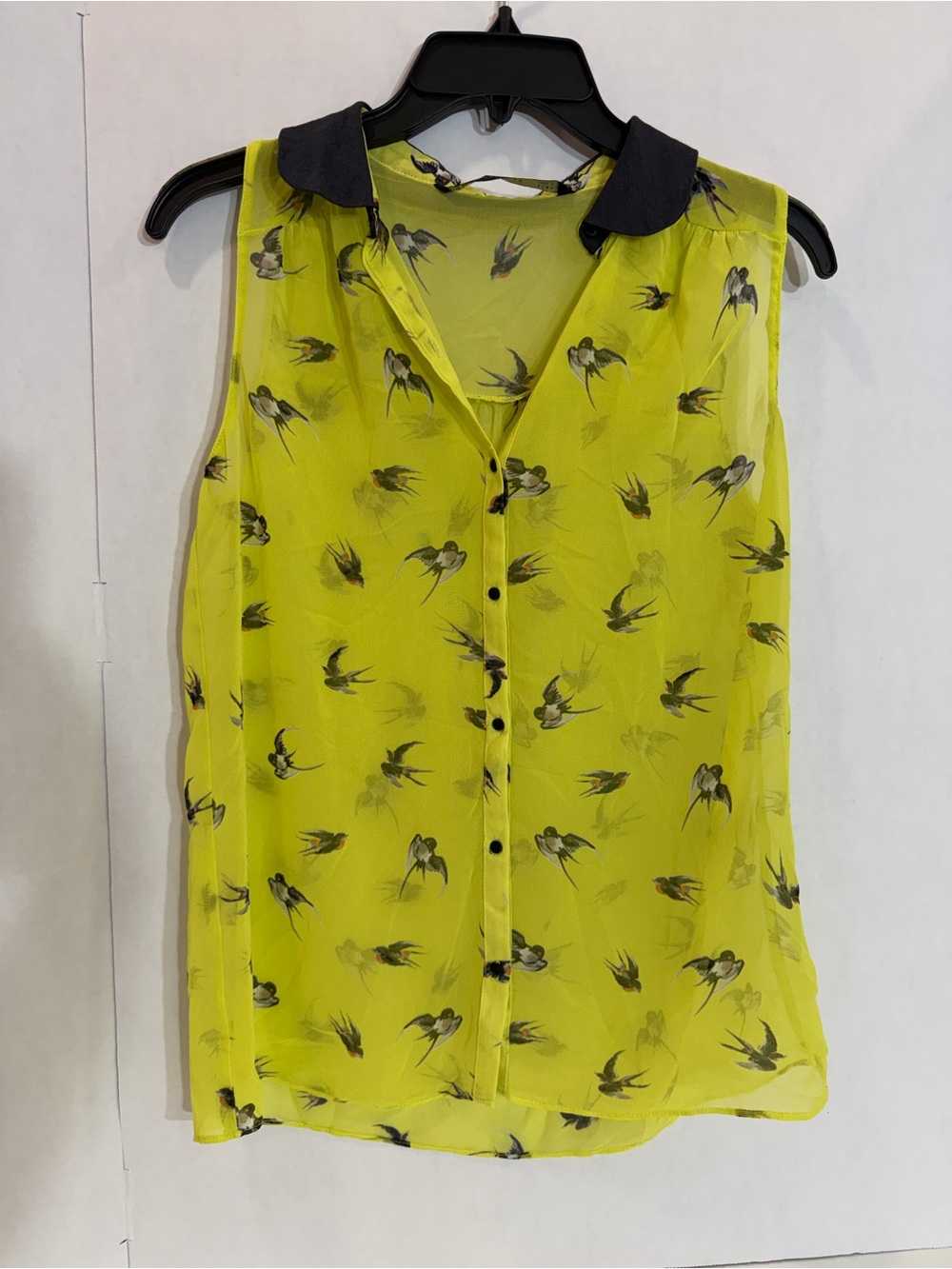 Zara Sleeveless Bird Print Blouse Neon Yellow Sheer Button Front Top Size XS